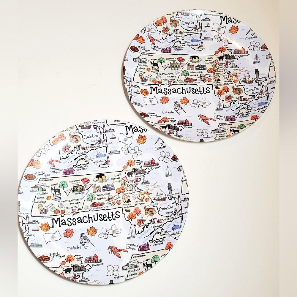 Set Of 2 Massachusetts Map 10" Plates